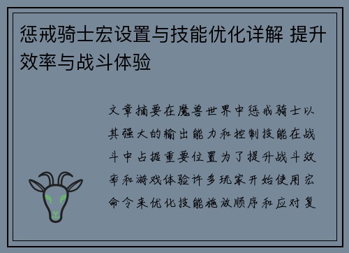 惩戒骑士宏设置与技能优化详解 提升效率与战斗体验